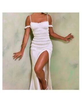 Oh Polly White Smocked Maxi with High Leg Slit (M)